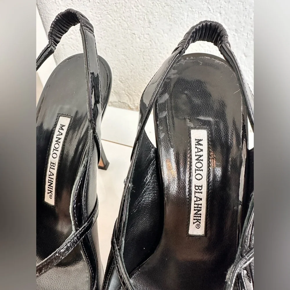 Manolo Blahnik Black Leather Printed Slingback Peep Toe Pumps – Size 36.5 Gift - Picture 6 of 13